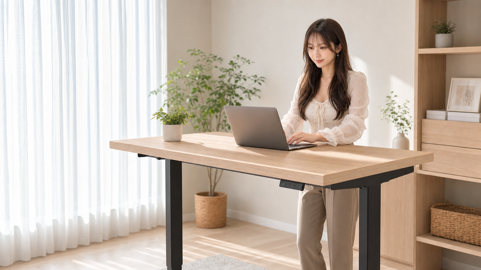 明るい部屋で昇降デスクを使う女性のAI生成イメージ
