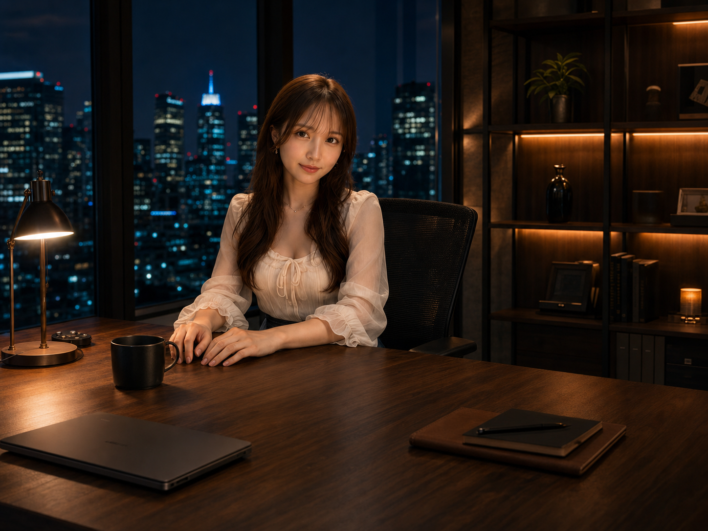 夜景を望む部屋で昇降デスクを使う女性のAI生成イメージ
