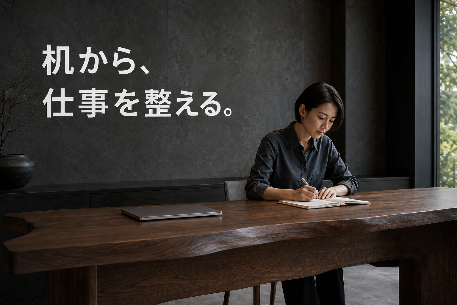 机から、仕事を整える。 架空の成人女性を描いた生活場面